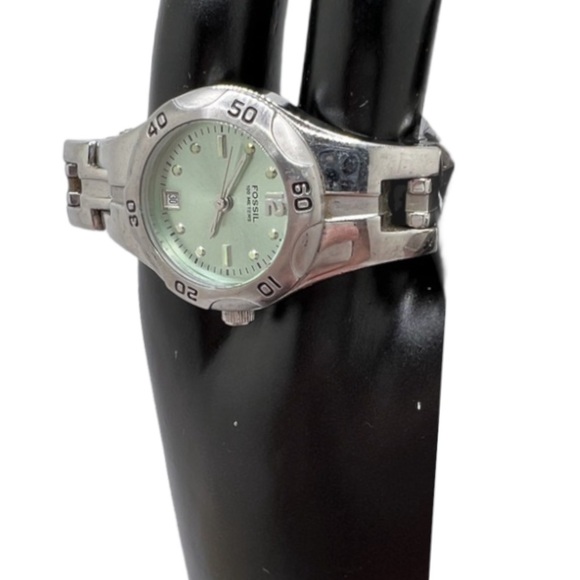 Silver Designer Classic Link Analog Watch w light green circular face by Fossil main image 9